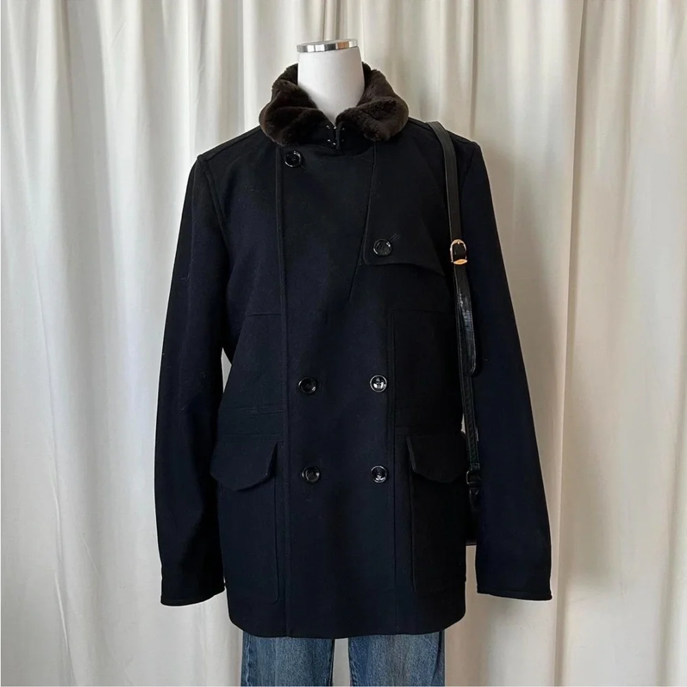 REISS Wool Blend double-breasted Peacoat with faux fur removable collar black.